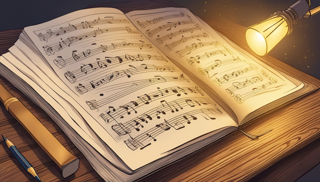 Drawing of a musician's songbook on a wooden board in the dark, illuminated by a lamp